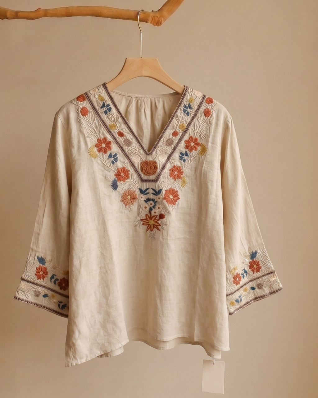 Bohemian Embroidered Ramie Blouse | Floral V-Neck 3/4 Sleeve Top 2697#