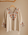 Bohemian Embroidered Ramie Blouse | Floral V-Neck 3/4 Sleeve Top 2697#