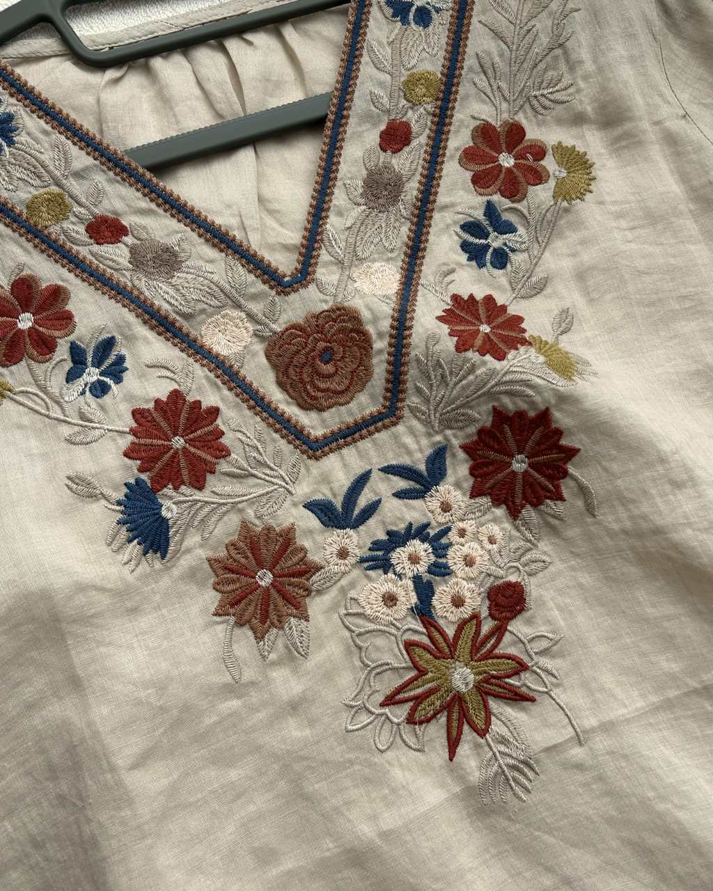 Bohemian Embroidered Ramie Blouse | Floral V-Neck 3/4 Sleeve Top 2697#