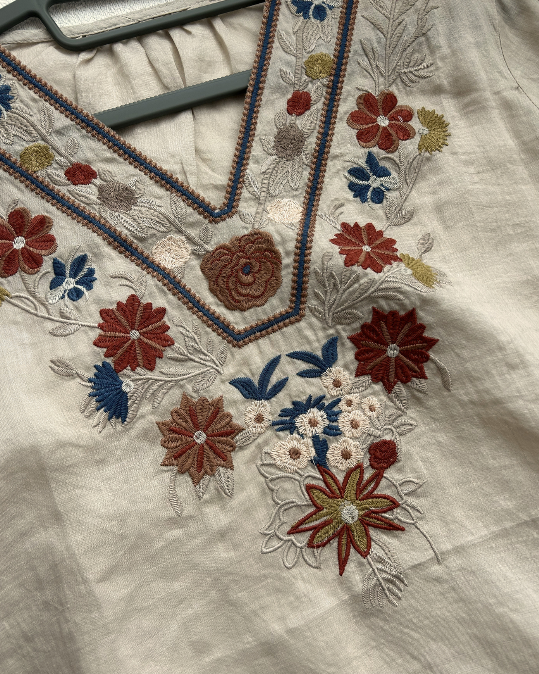 Bohemian Embroidered Ramie Blouse | Floral V-Neck 3/4 Sleeve Top 2697#