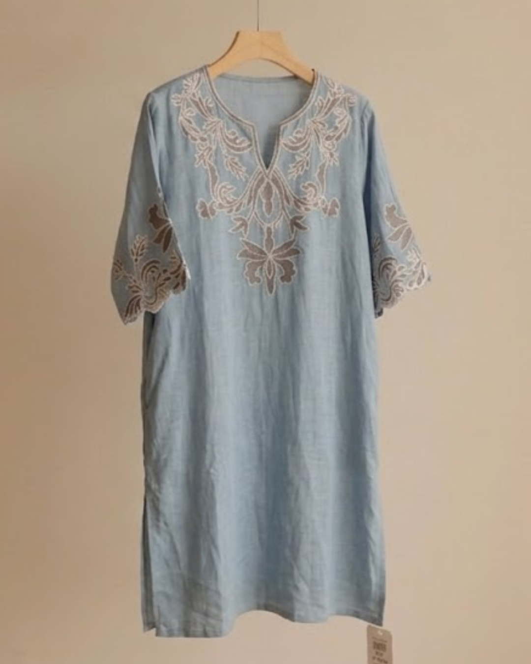 Bohemian Embroidered Ramie Dress | Floral V-Neck Short Sleeve Midi Dress | 100% Natural Ramie 2555#