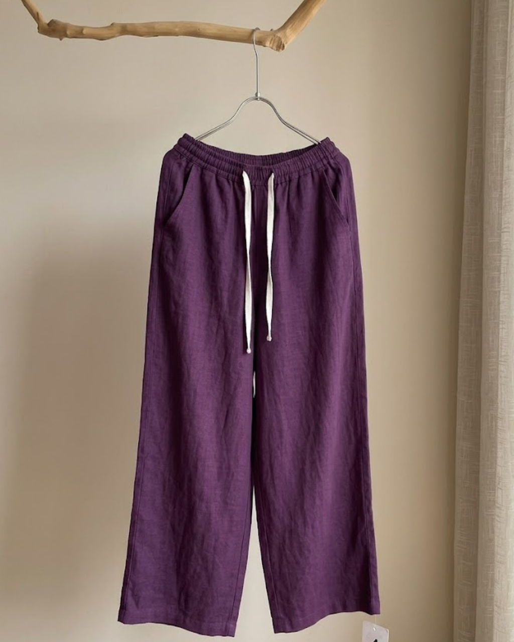 100% Linen Wide Leg Pants | Elastic Waist Ankle Length Trousers | Purple & Pink 555019#