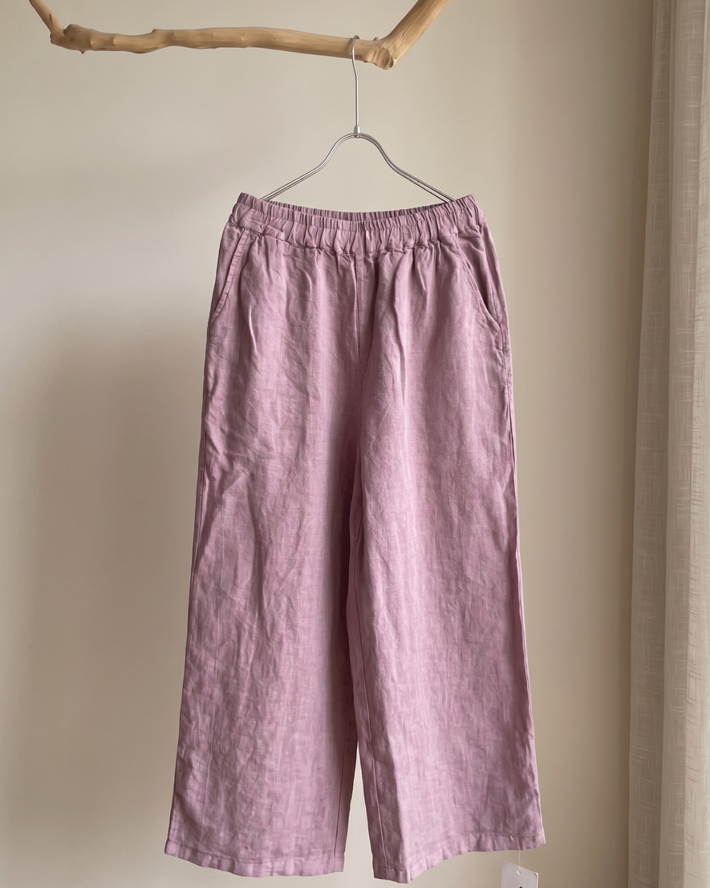 100% Linen Wide Leg Pants | Elastic Waist Ankle Length Trousers | Purple & Pink 555019#