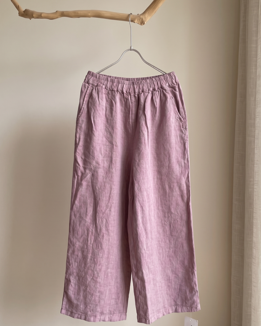 100% Linen Wide Leg Pants | Elastic Waist Ankle Length Trousers | Purple & Pink 555019#