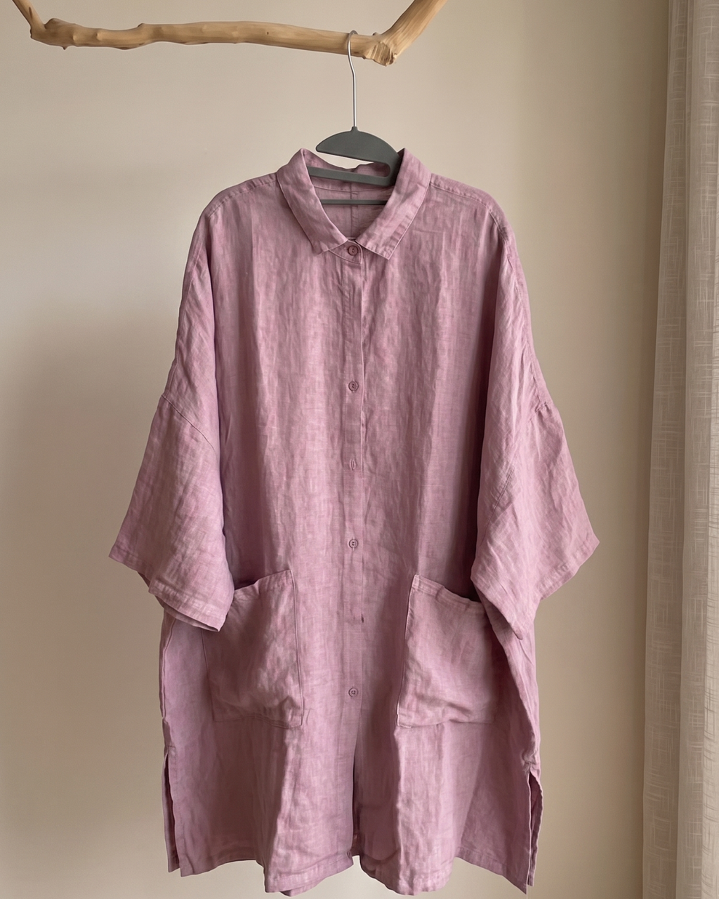 Unique Extra-Oversized 100% Linen Oversized Shirt Blouse | Button-Down Longline Top with Pockets | Dusty Pink & Mustard