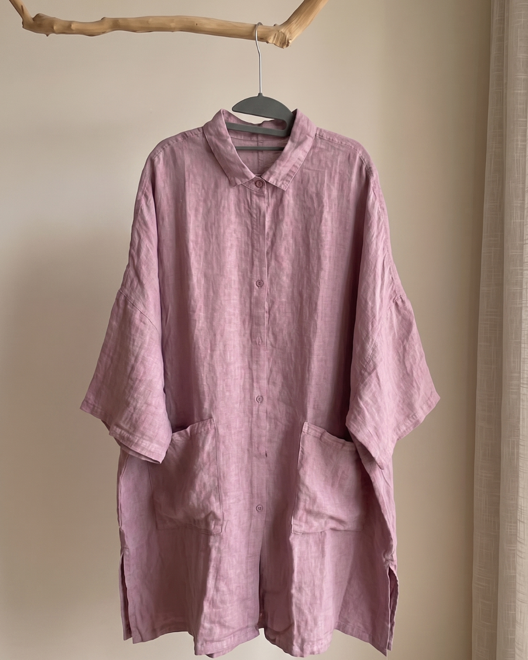 Unique Extra-Oversized 100% Linen Oversized Shirt Blouse | Button-Down Longline Top with Pockets | Dusty Pink & Mustard