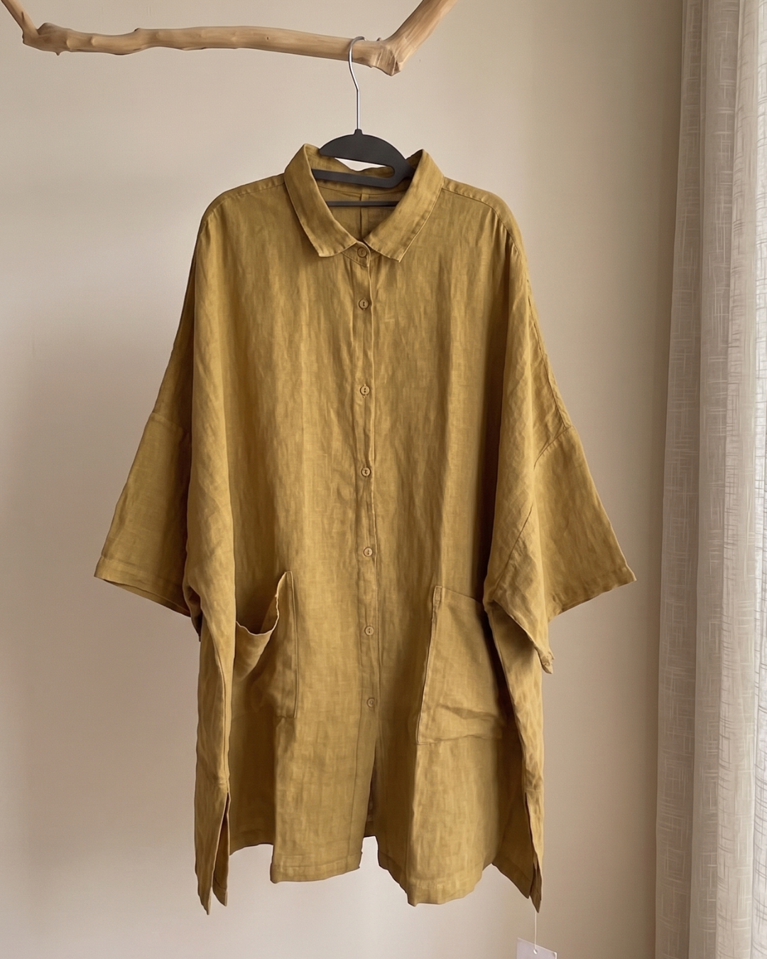Unique Extra-Oversized 100% Linen Oversized Shirt Blouse | Button-Down Longline Top with Pockets | Dusty Pink & Mustard