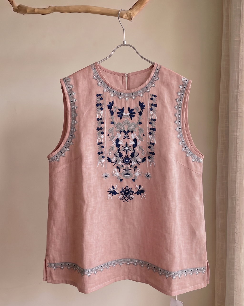 100% Ramie Floral Embroidered Sleeveless Top | Pink, Blue & White
