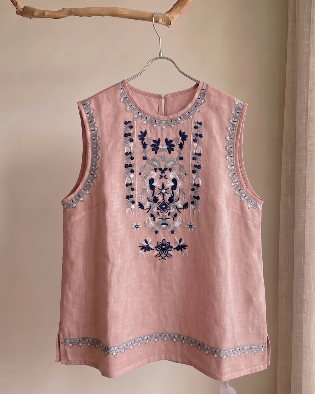 100% Ramie Floral Embroidered Sleeveless Top | Pink, Blue & White