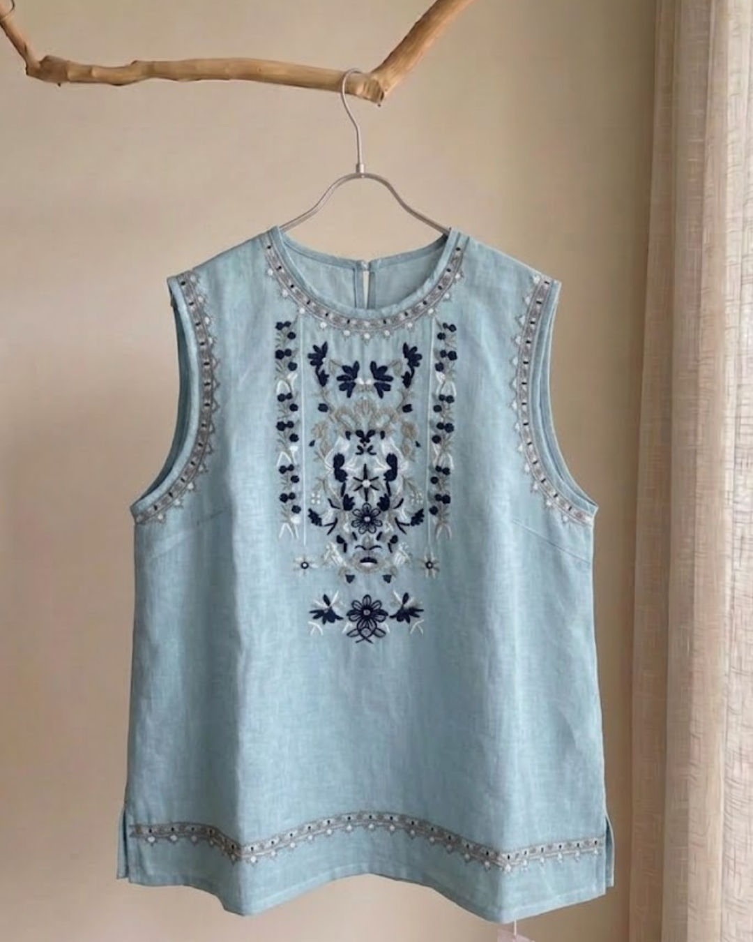 100% Ramie Floral Embroidered Sleeveless Top | Pink, Blue & White