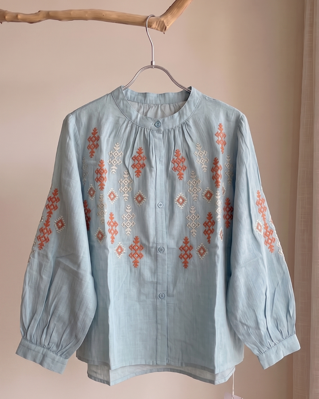 100% Ramie Geometric Embroidered Blouse | Pink & Blue