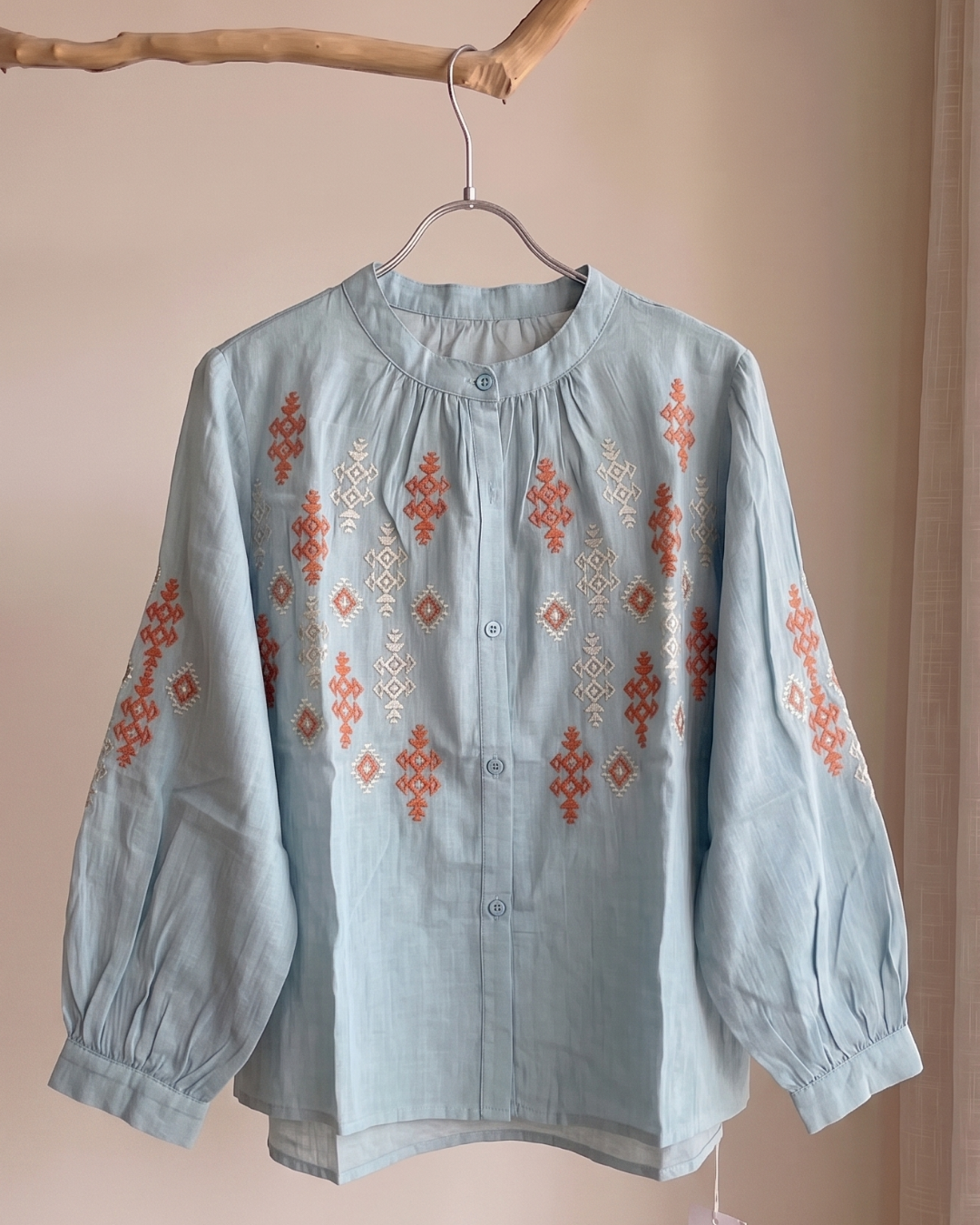 100% Ramie Geometric Embroidered Blouse | Pink & Blue