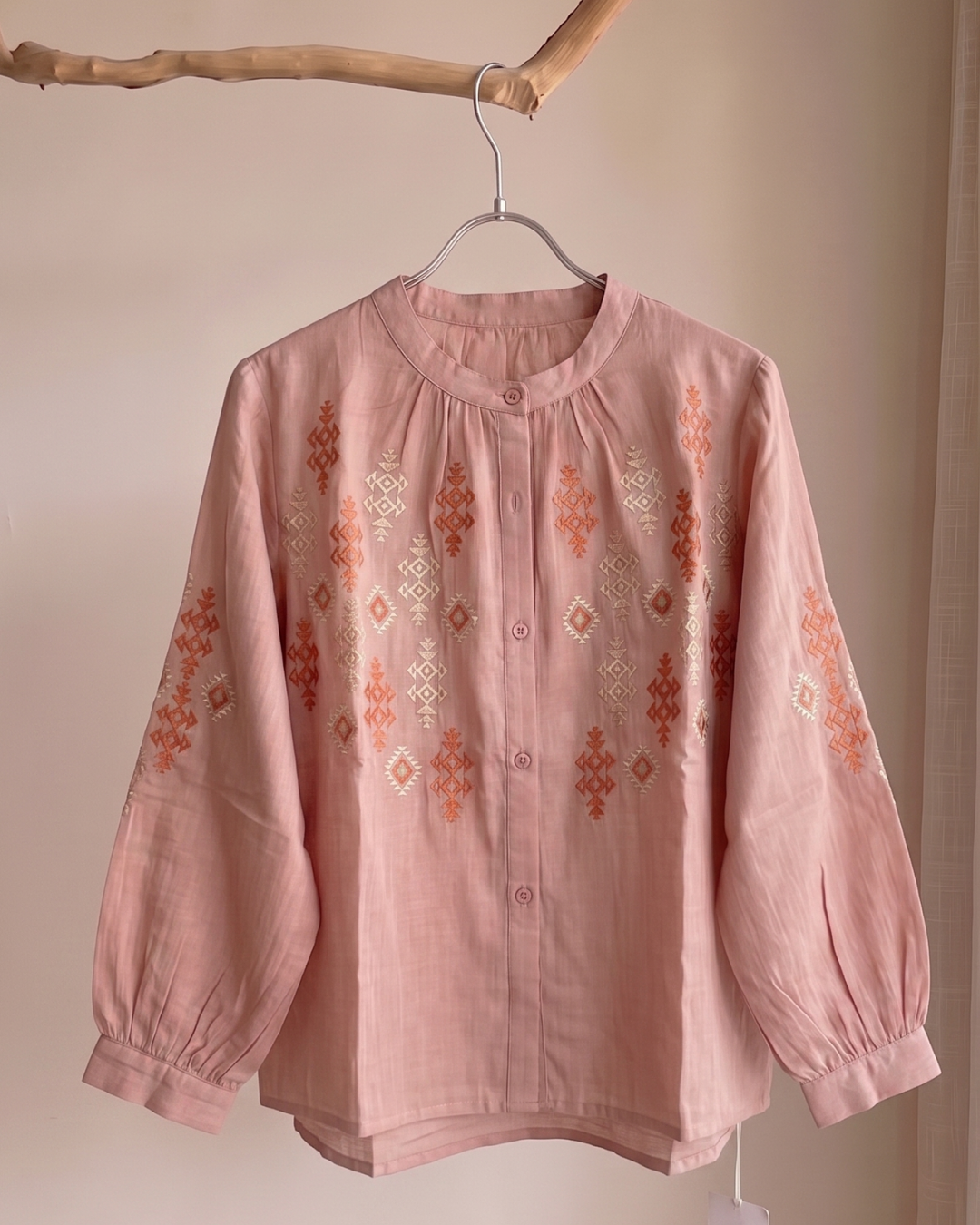 100% Ramie Geometric Embroidered Blouse | Pink & Blue