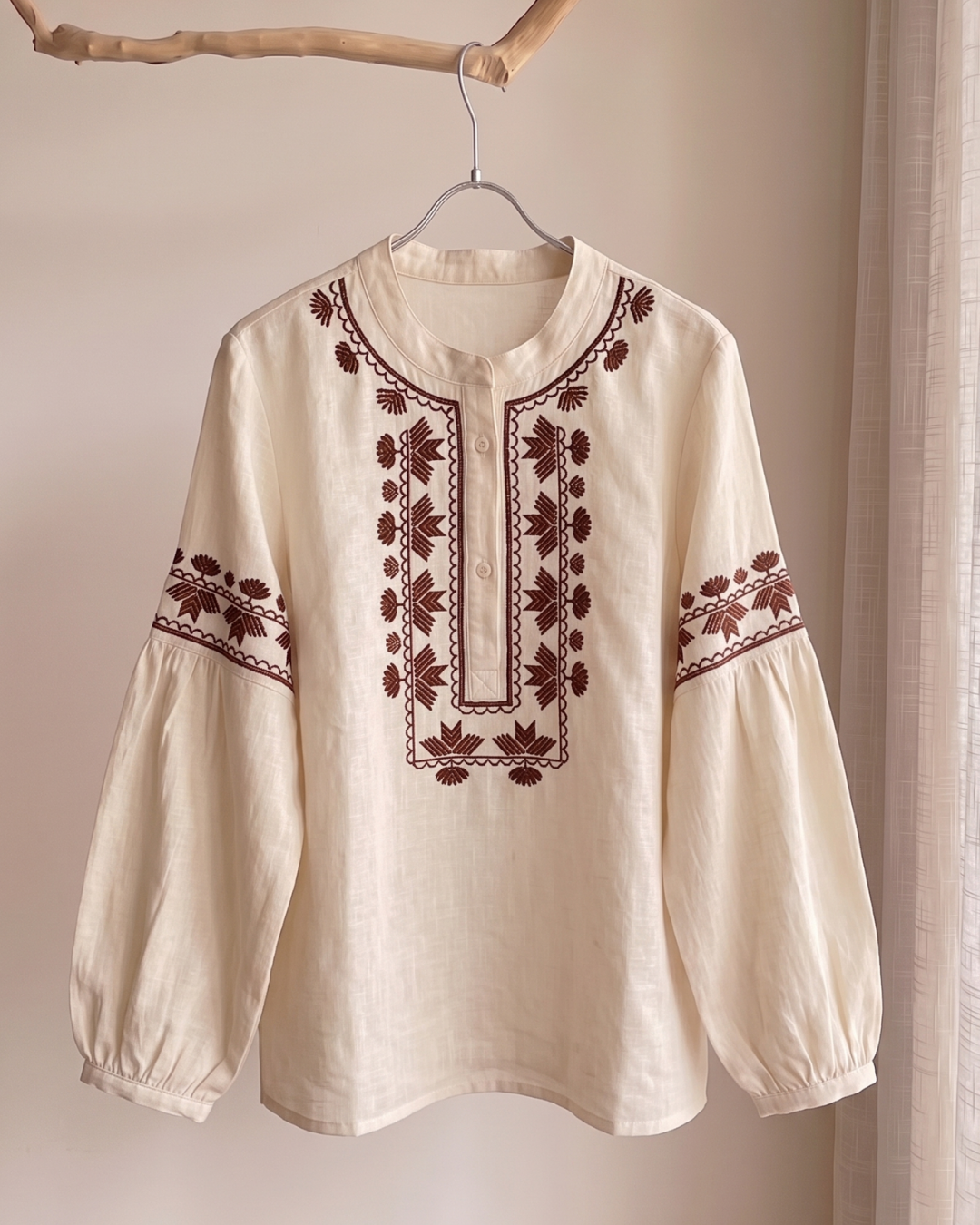 100% Ramie Folk Embroidered Balloon Sleeve Blouse | Cream & Terracotta #2678