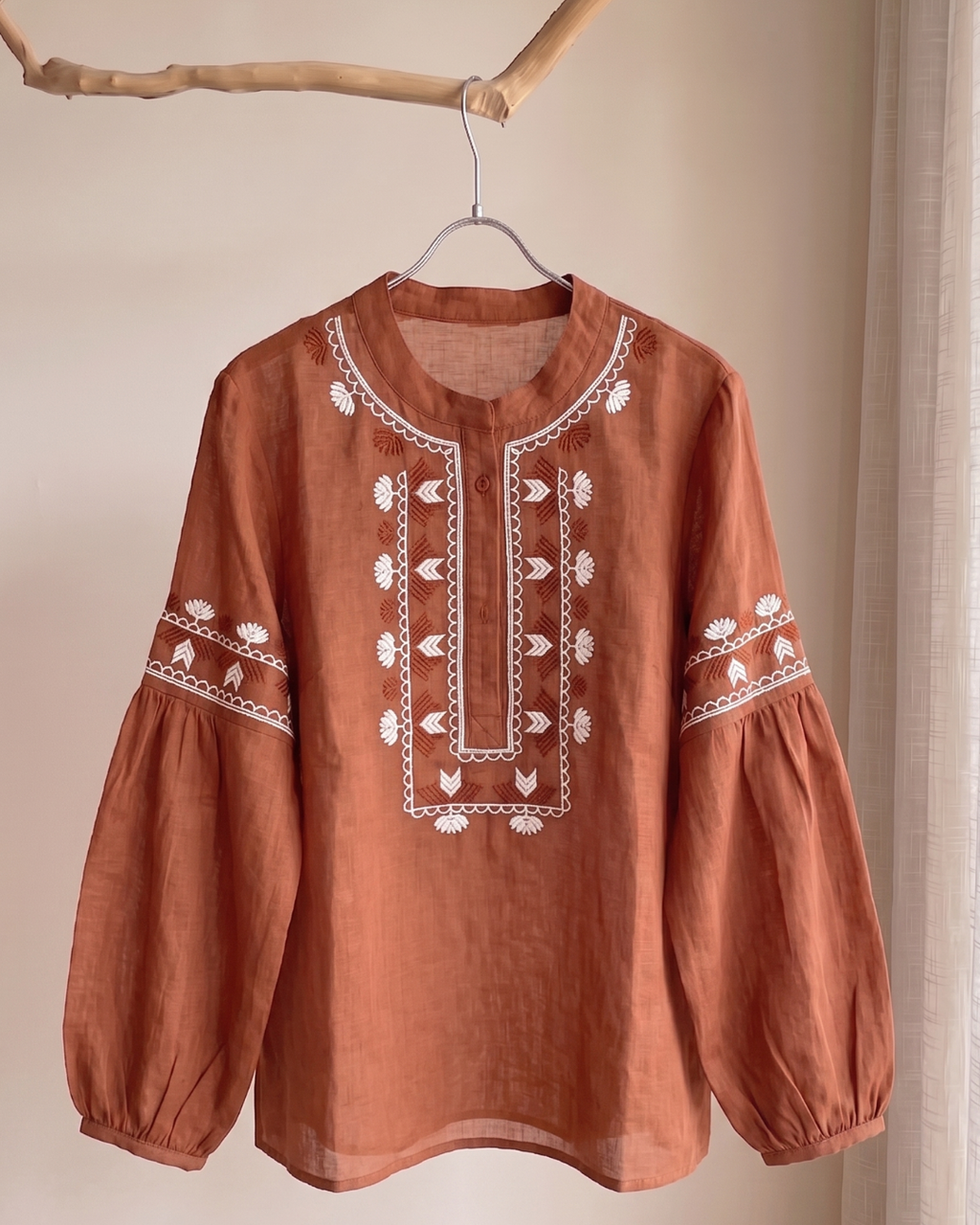100% Ramie Folk Embroidered Balloon Sleeve Blouse | Cream & Terracotta #2678