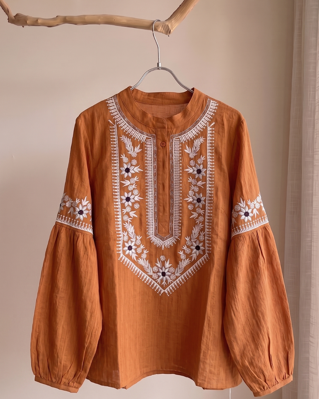100% Ramie Floral Embroidered Boho Blouse | Burgundy & Caramel