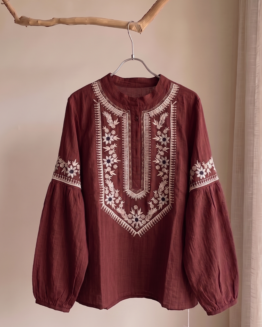 100% Ramie Floral Embroidered Boho Blouse | Burgundy & Caramel