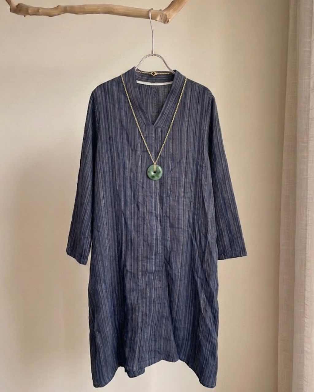 100% Linen Striped V-Neck Midi Dress | Navy & Olive Green