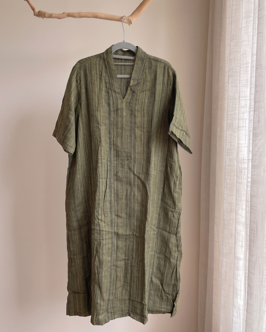 100% Linen Striped V-Neck Midi Dress | Navy & Olive Green