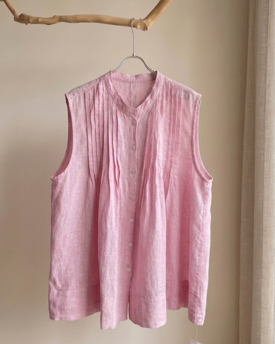 100% Linen Pintuck Sleeveless Top | Pink & Natural