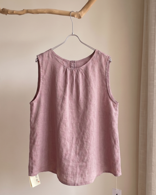 100% Linen Gathered Round-Neck Tank Top | Olive, Natural & Dusty Pink