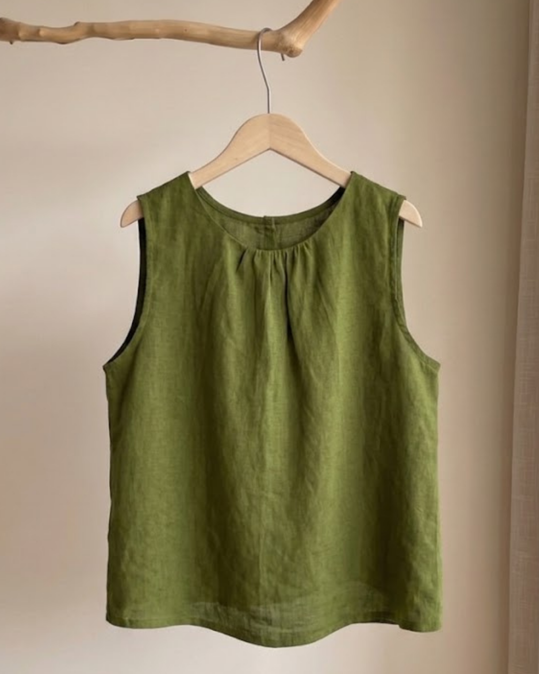 100% Linen Gathered Round-Neck Tank Top | Olive, Natural & Dusty Pink