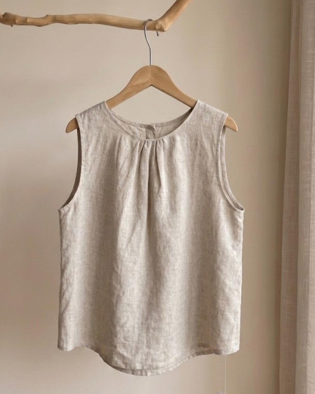 100% Linen Gathered Round-Neck Tank Top | Olive, Natural & Dusty Pink