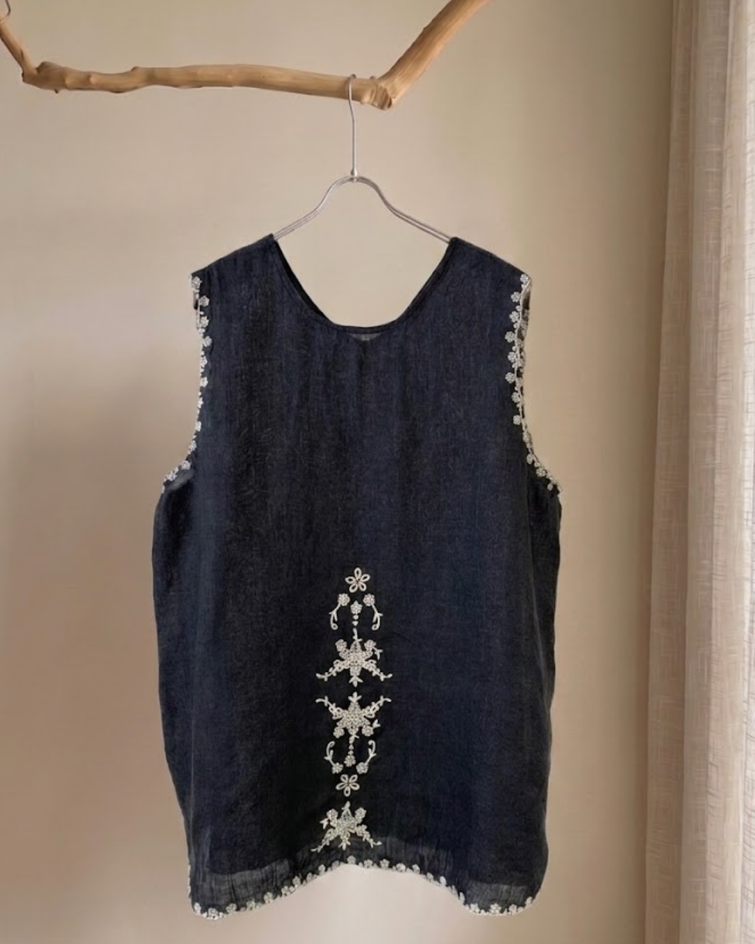 100% Linen Reversible Embroidered Tank Top | White, Natural & Navy