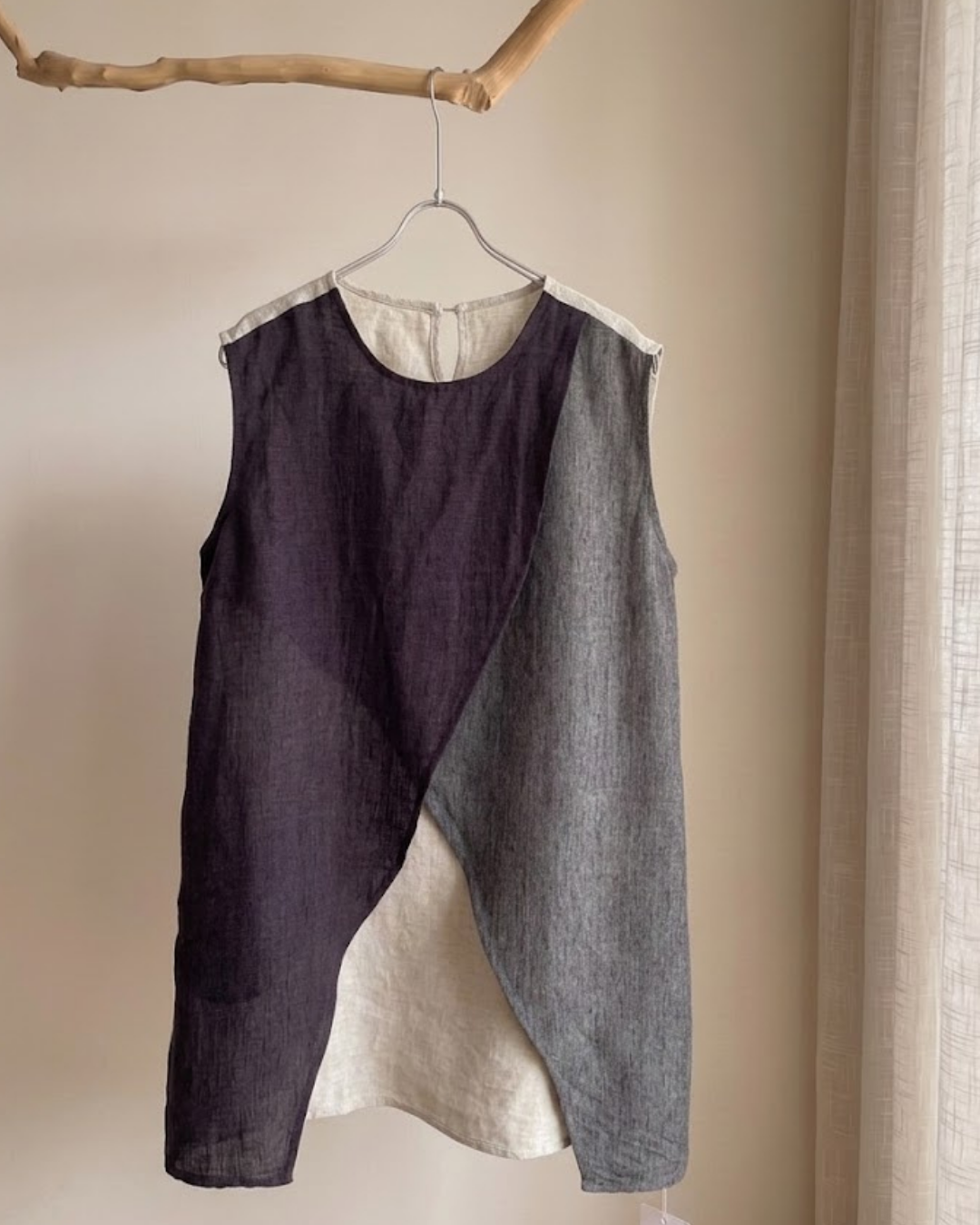 100% Linen Color-Block Asymmetric Wrap Tank Top | Green & Navy