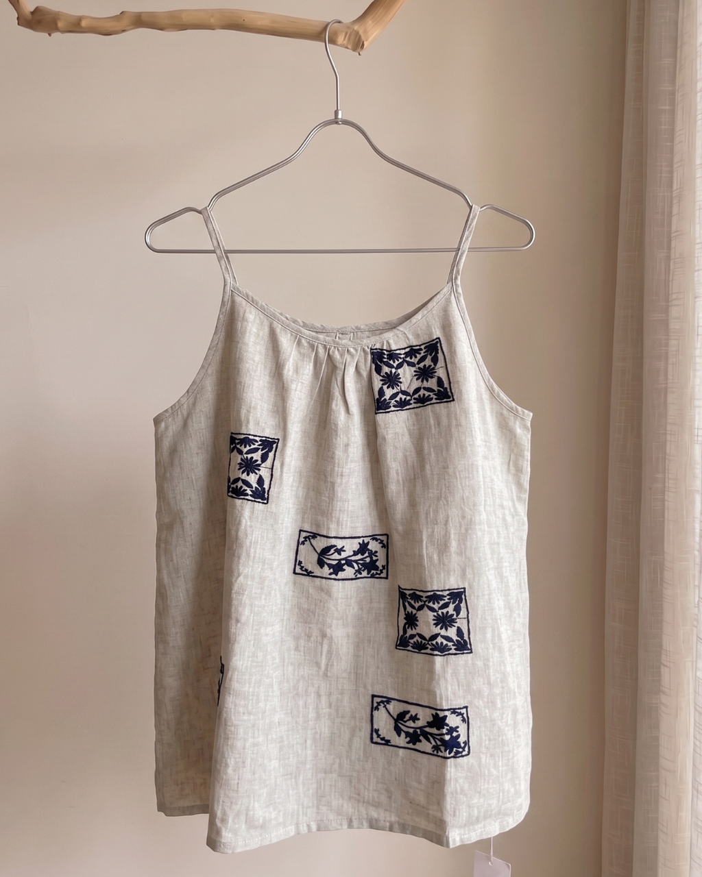 100% Linen Embroidered Cami Top | Navy Tile Floral Motif | Natural #85356