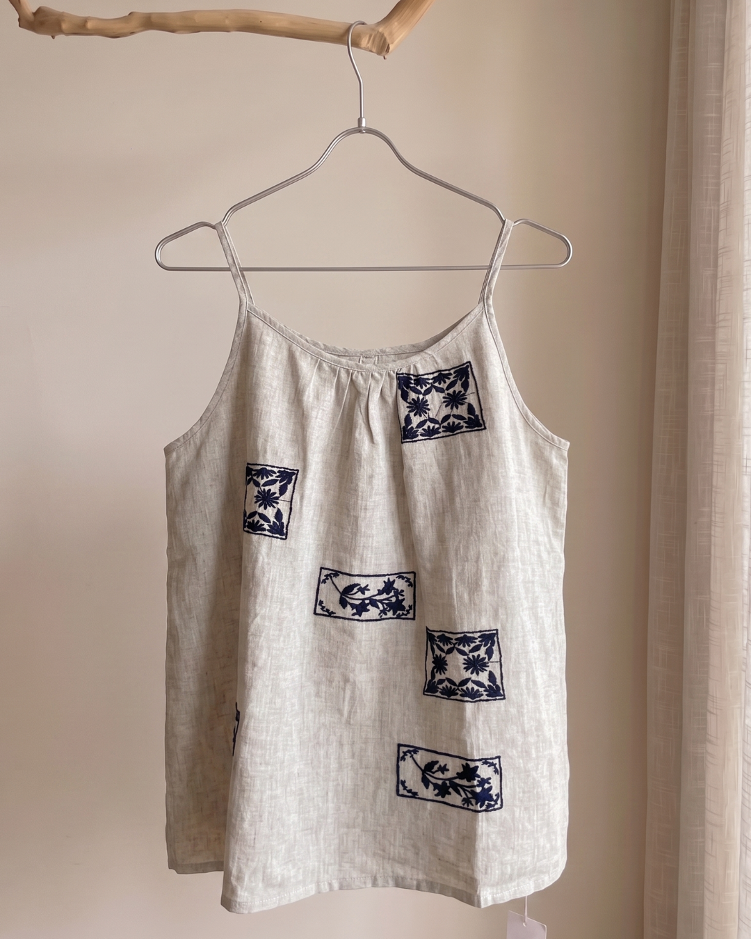 100% Linen Embroidered Cami Top | Navy Tile Floral Motif | Natural #85356
