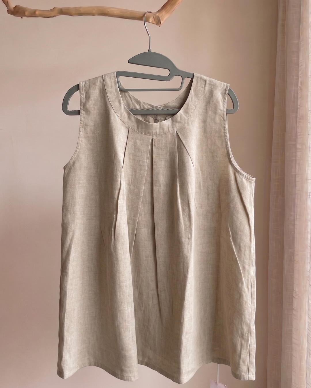 100% Linen Pleated Sleeveless Top | Natural Oatmeal #35015