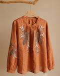 Floral Embroidered Ramie Blouse – 100% Natural Ramie Women's Top 2695#