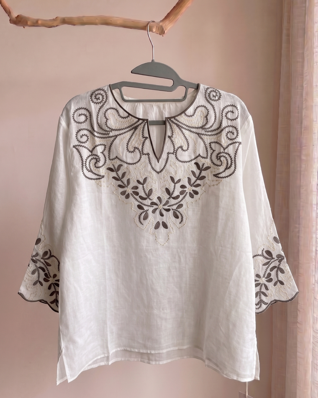 100% Ramie Cutwork Embroidered Blouse | White | Flared Sleeves #2657