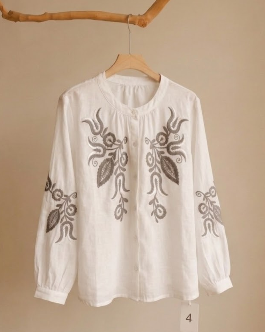 Floral Embroidered Ramie Blouse – 100% Natural Ramie Women's Top 2695#