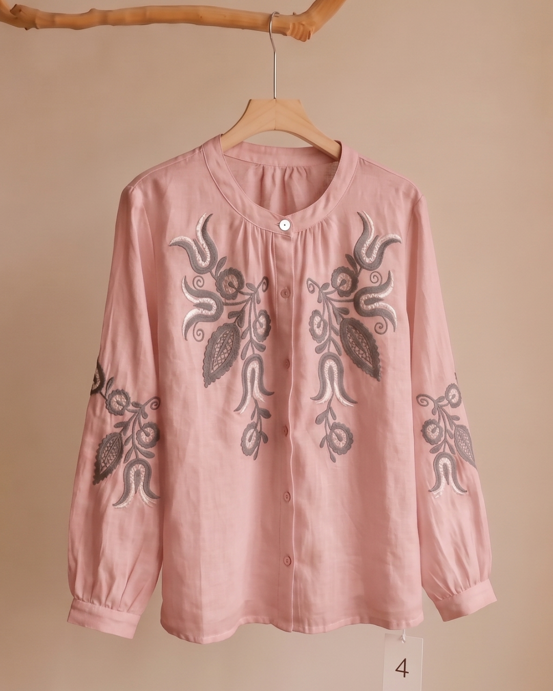 Floral Embroidered Ramie Blouse – 100% Natural Ramie Women's Top 2695#