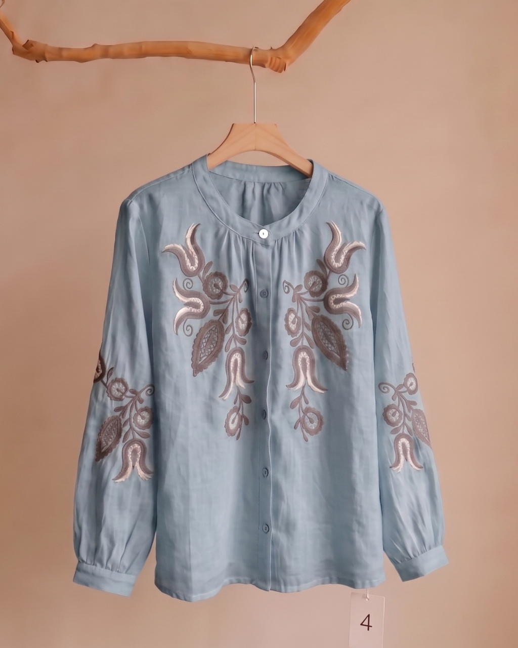 Floral Embroidered Ramie Blouse – 100% Natural Ramie Women's Top 2695#