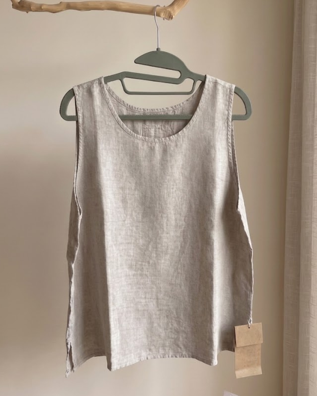 100% Linen Sleeveless Tank Top | Relaxed Fit Scoop Neck Vest | Natural Beige